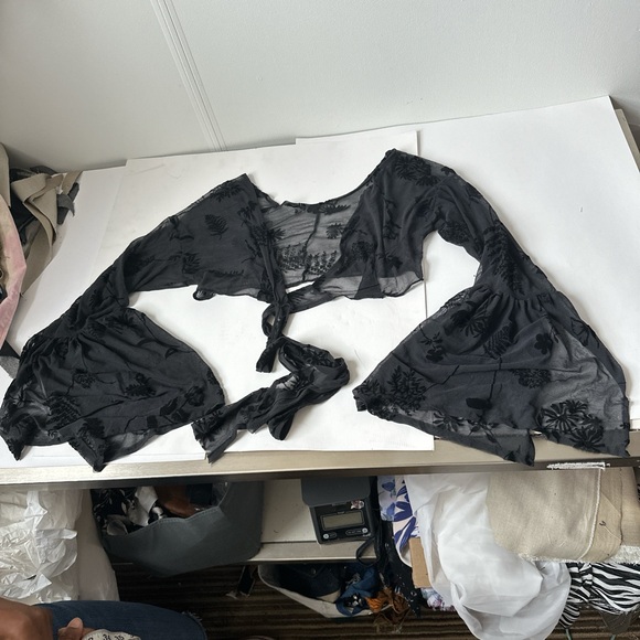 Black Sheer Wrap Top with Floral Design - Picture 5 of 5